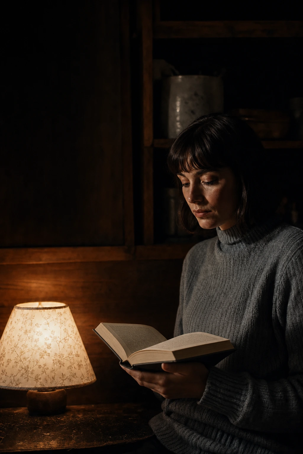 A woman reading a book by the warm light of a table lamp